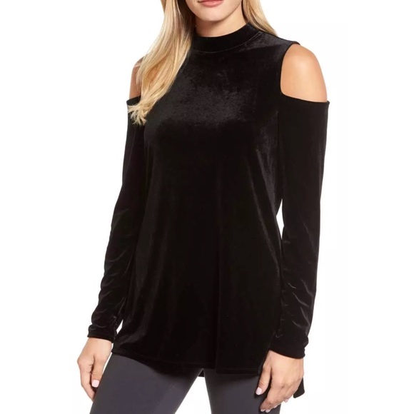 Halogen Tops - Halogen Velvet Cold-Shoulder Long Sleeve Top Black